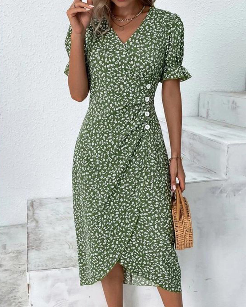 Carmella - Floral Pattern Women's Dress with Puff Sleeves