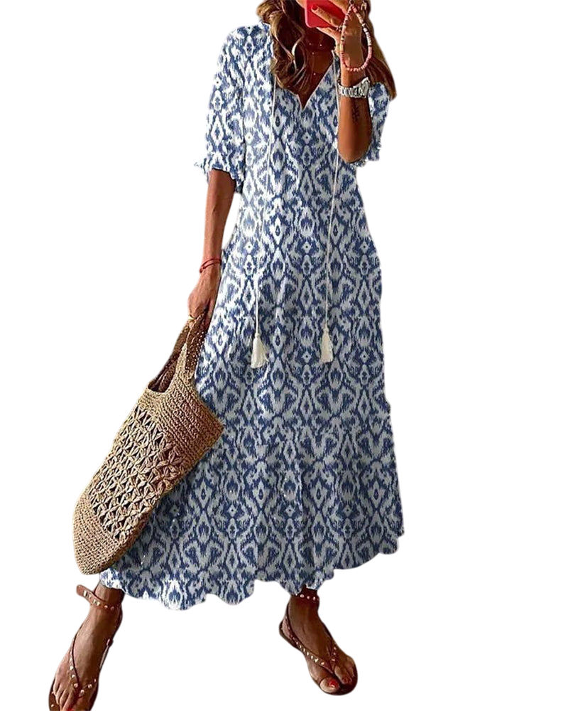 Ruan - Cozy Women's Maxi Dress with Chic V-neck and Festive Flair