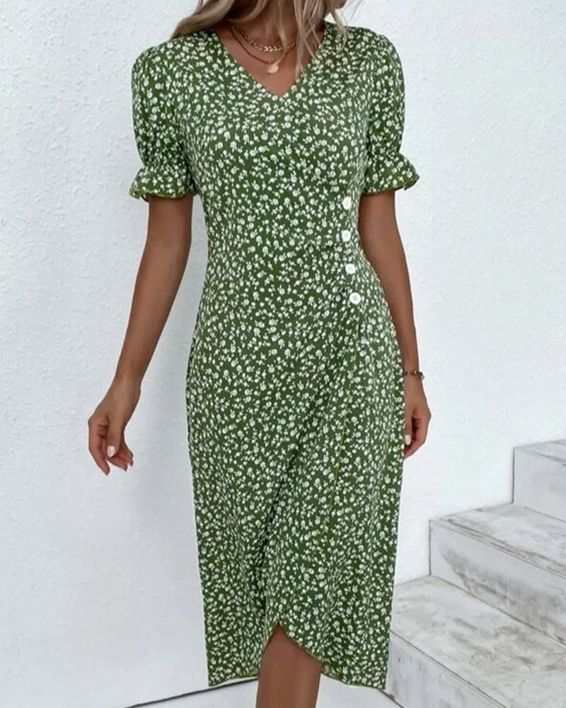 Carmella - Floral Pattern Women's Dress with Puff Sleeves