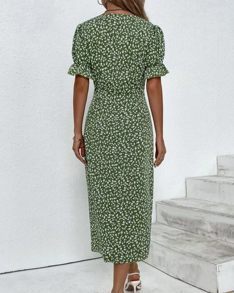 Carmella - Floral Pattern Women's Dress with Puff Sleeves