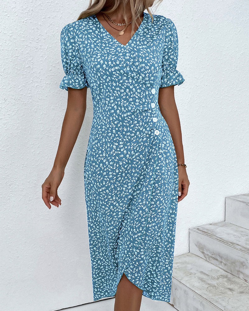 Carmella - Floral Pattern Women's Dress with Puff Sleeves