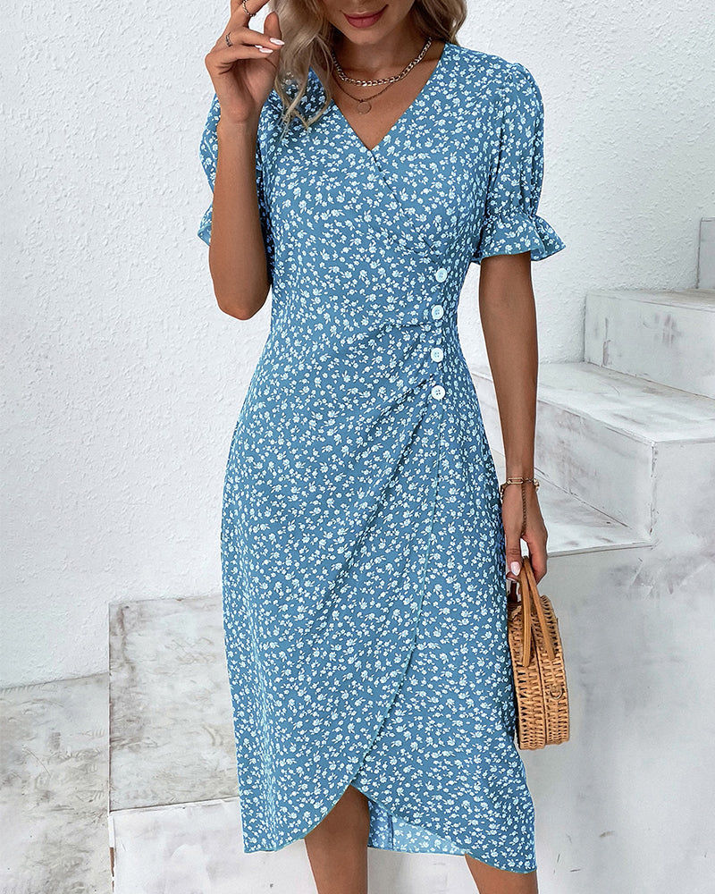 Carmella - Floral Pattern Women's Dress with Puff Sleeves