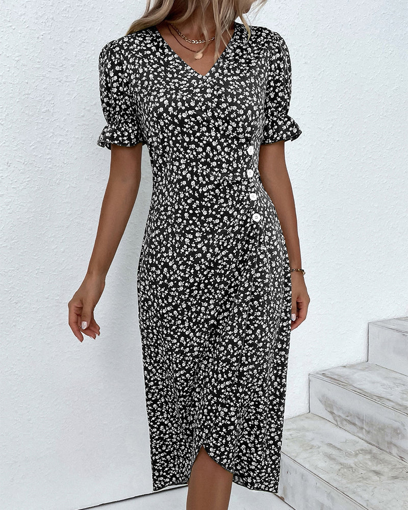 Carmella - Floral Pattern Women's Dress with Puff Sleeves
