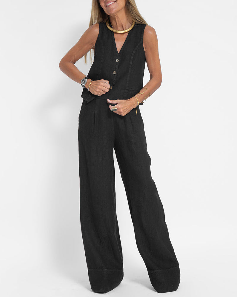 Alexandria - Women's Elegant 2-Piece Linen Set with Wide-Leg Trousers and Cardigan