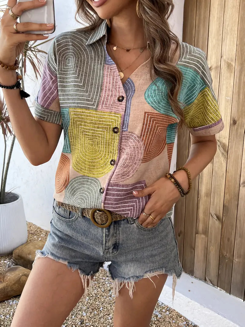 Deborah - Stylish Multicolored Blouse with Geometric Print and Button-Front Closure