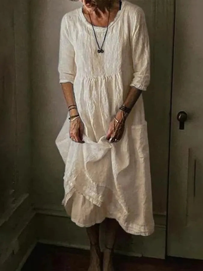 Iseult - Loose Fit Cotton Linen Women's Dress with Asymmetric Hem and Pockets
