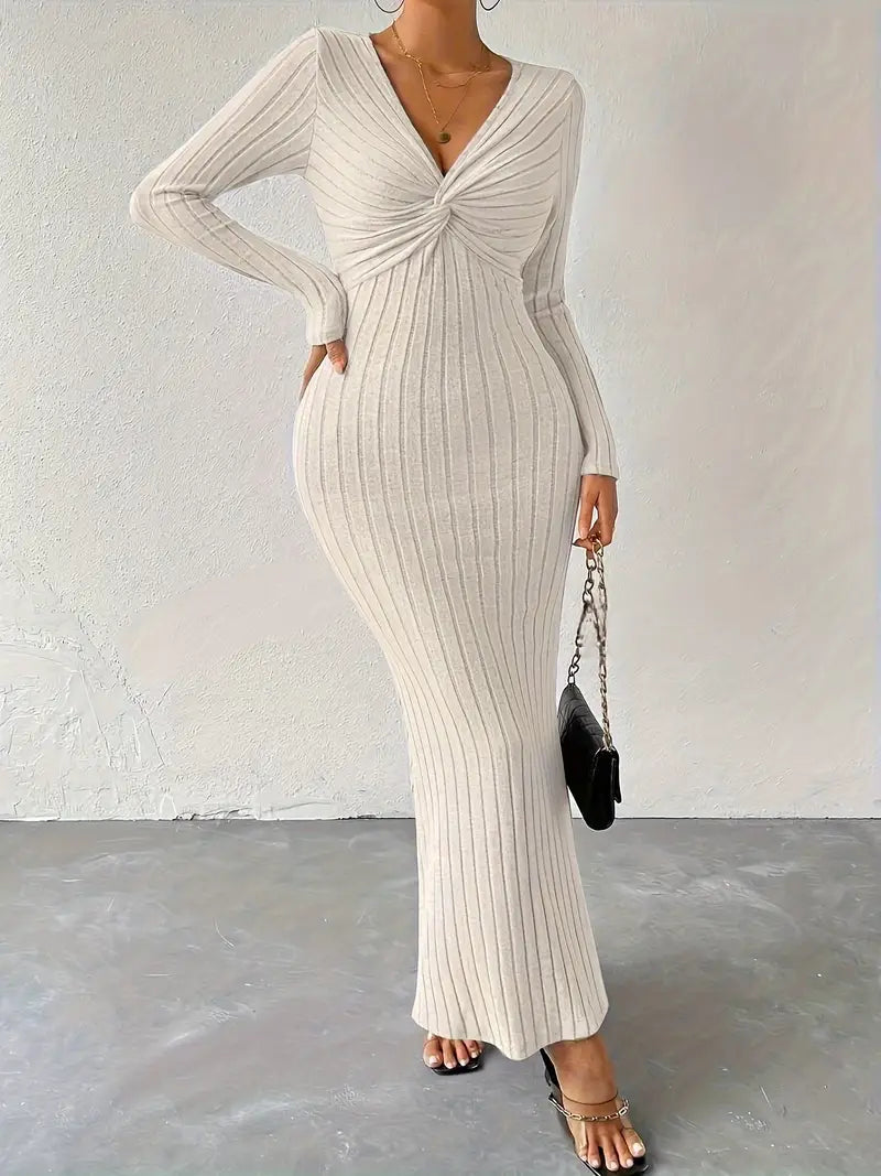 Ottilie - Chic Sexy Knitted Maxi Dress with Twisted Front and Deep V-neck