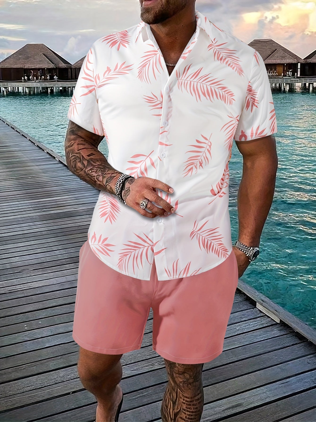 Justice - Stylish Men's Summer Set with Leaf Pattern and Comfortable Shorts