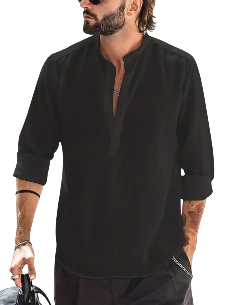 Chris - Stylish Men's Long-Sleeved Linen Shirt with Boat Collar