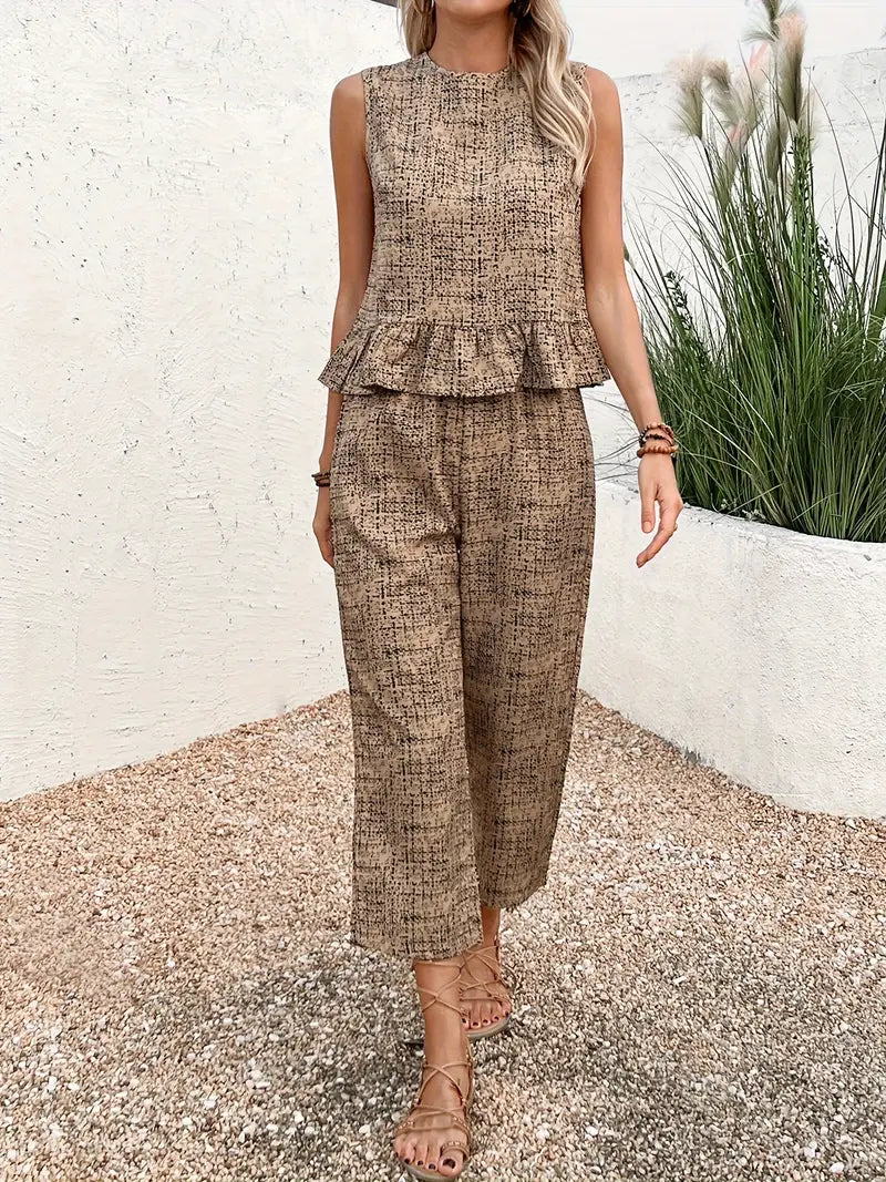 Jacqueline - Elegant Women's Two-Piece Set with Sleeveless Peplum Top and Wide-Leg Shorts