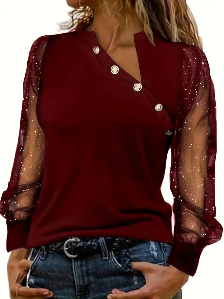 Estel - Asymmetric Neckline Blouse with Mesh Sleeves and Elegant Design