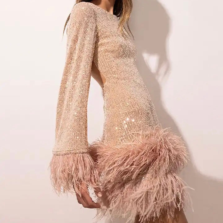 Sophie - Glamorous Evening Dress with Sequins and Feather Hem