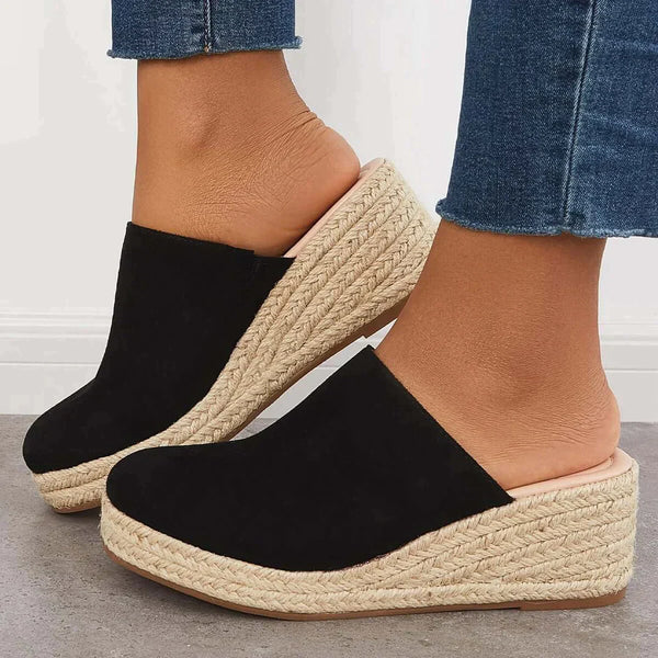 Joan - Chic Suede Espadrille Wedge Mules with Woven Jute Detail