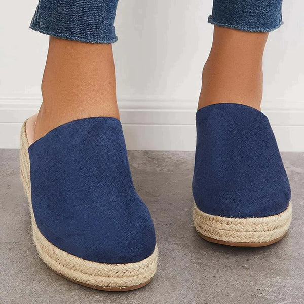 Joan - Chic Suede Espadrille Wedge Mules with Woven Jute Detail