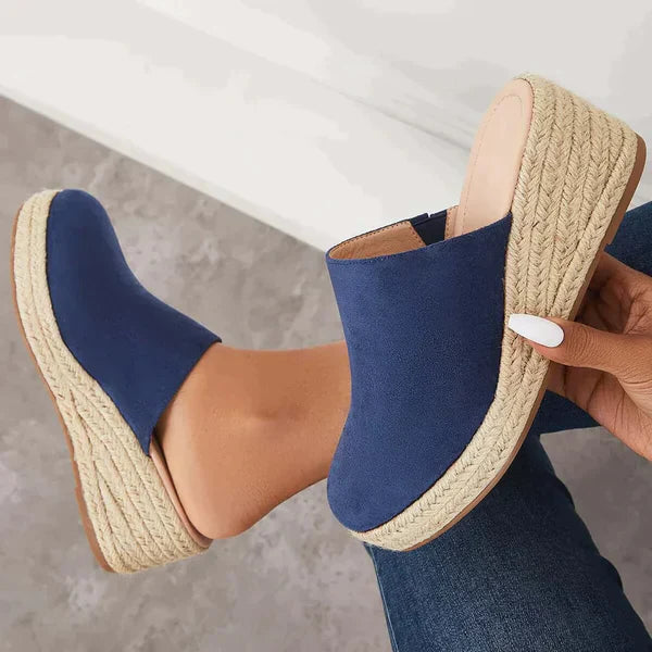 Joan - Chic Suede Espadrille Wedge Mules with Woven Jute Detail