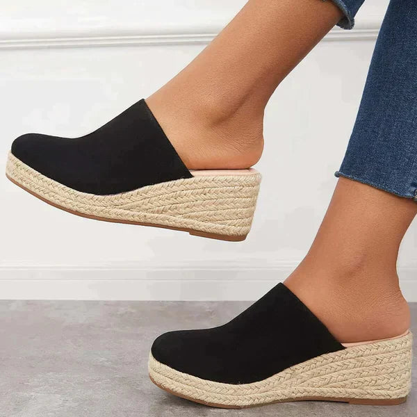 Joan - Chic Suede Espadrille Wedge Mules with Woven Jute Detail