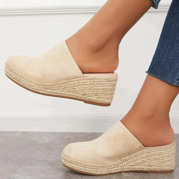 Joan - Chic Suede Espadrille Wedge Mules with Woven Jute Detail
