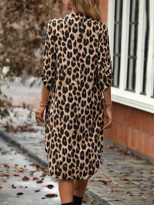 Dehlia - Casual Leopard Print Dress with Split Hem and Rolled-Up Sleeves