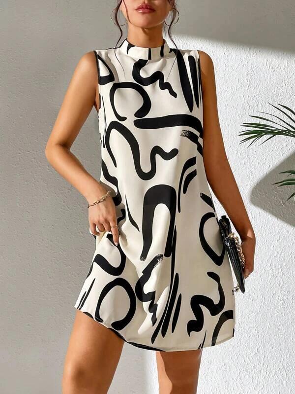 Ella - Trendy Sleeveless Choker Neck Dress with Abstract Print