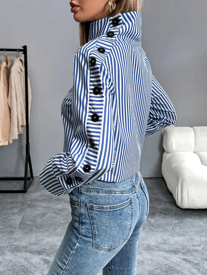 Kathleen - Stylish Striped Blouse with High Collar and Button Cuffs