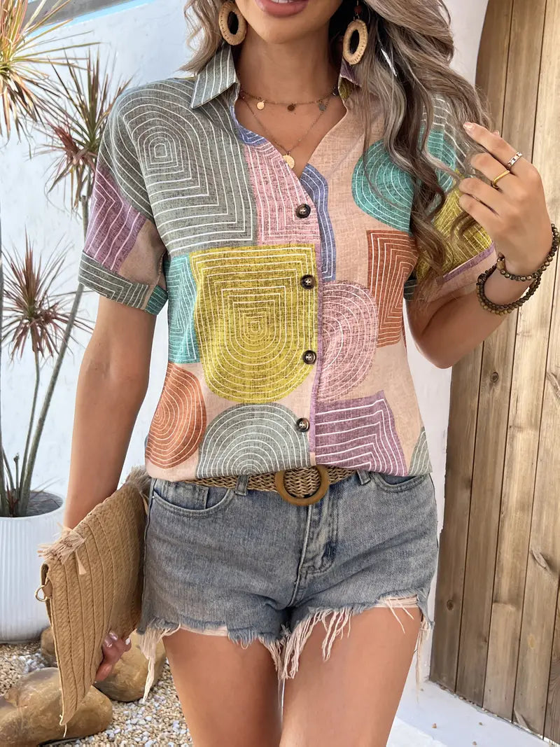 Deborah - Stylish Multicolored Blouse with Geometric Print and Button-Front Closure