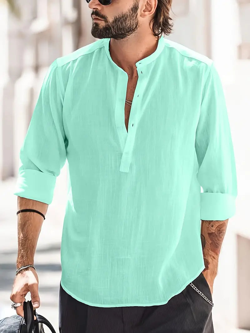 Chris - Stylish Men's Long-Sleeved Linen Shirt with Boat Collar