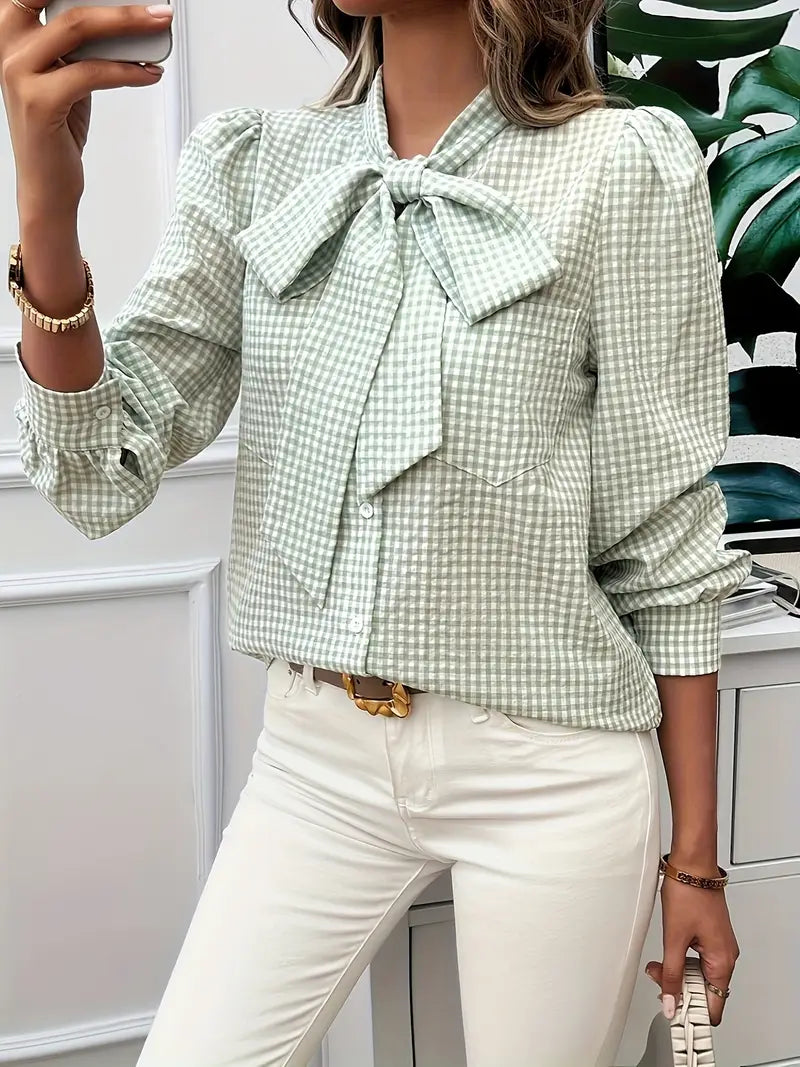 Karen - Charming Cotton Blouse with Bow Tie and Gingham Pattern