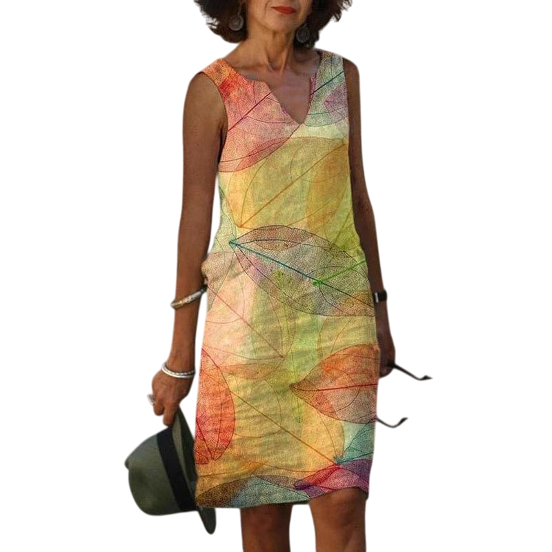 Georgiana- Stylish Women's Dress in Bright Colors with Leaf Pattern