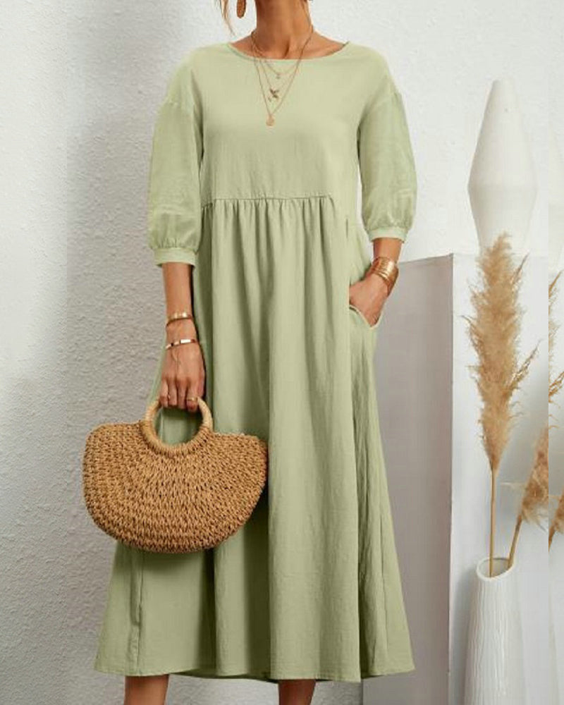 Zafira - Premium Women's Midi Dress with Lantern Sleeves and Round Neck