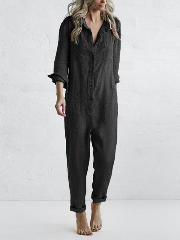 Emilia - Casual Women's Long Sleeve Linen Jumpsuit Olive