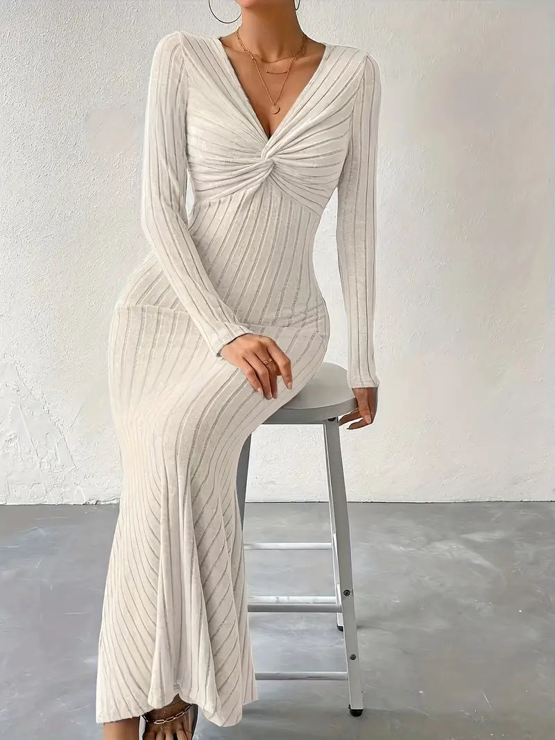 Ottilie - Chic Sexy Knitted Maxi Dress with Twisted Front and Deep V-neck