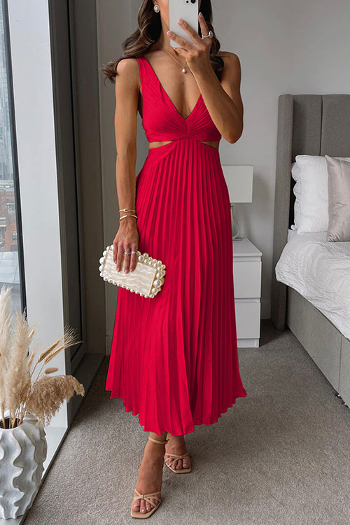 Rainelle - Elegant Sleeveless V-neck Maxi Dress with Pleated Skirt