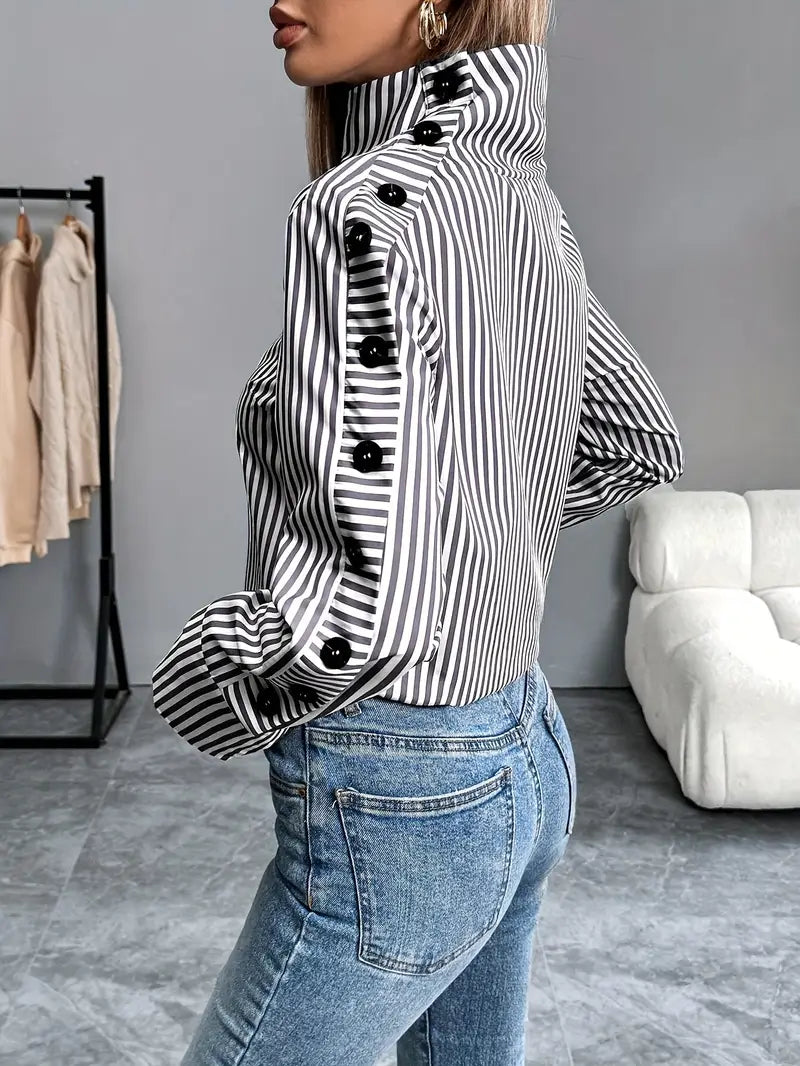 Kathleen - Stylish Striped Blouse with High Collar and Button Cuffs