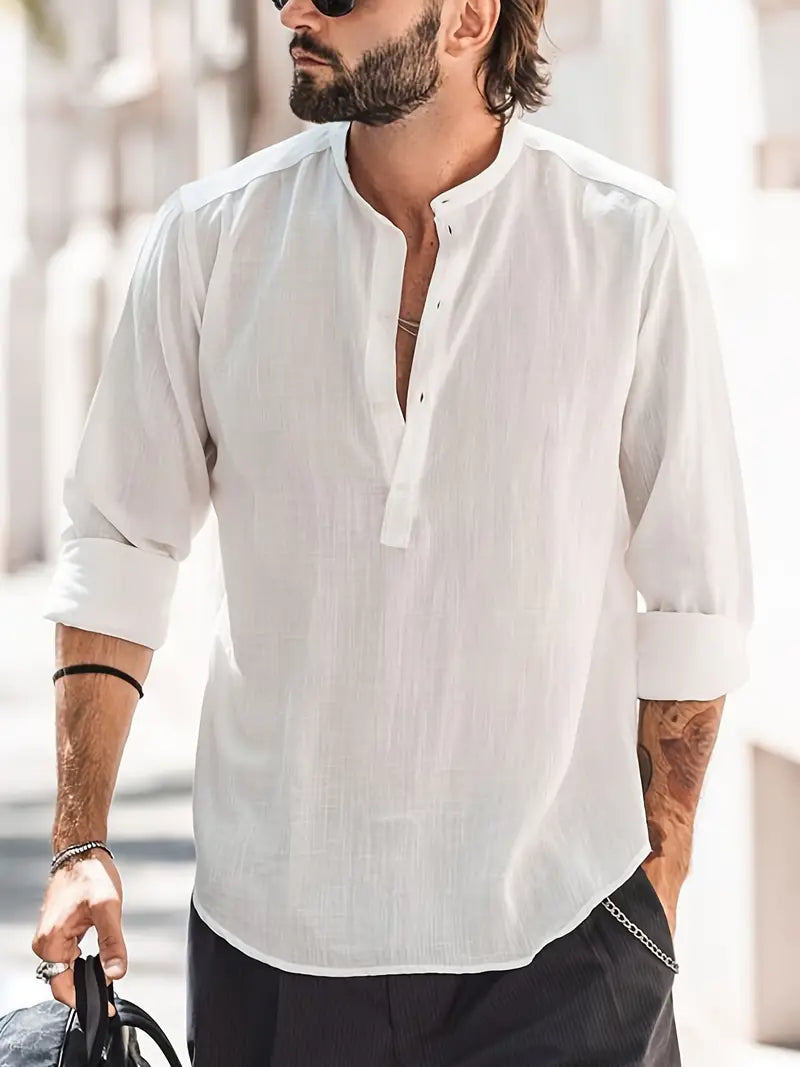 Chris - Stylish Men's Long-Sleeved Linen Shirt with Boat Collar