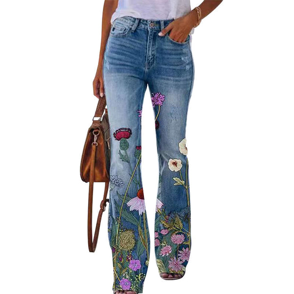 Dania - Trendy Flared Jeans with Four Button Front and Floral Design