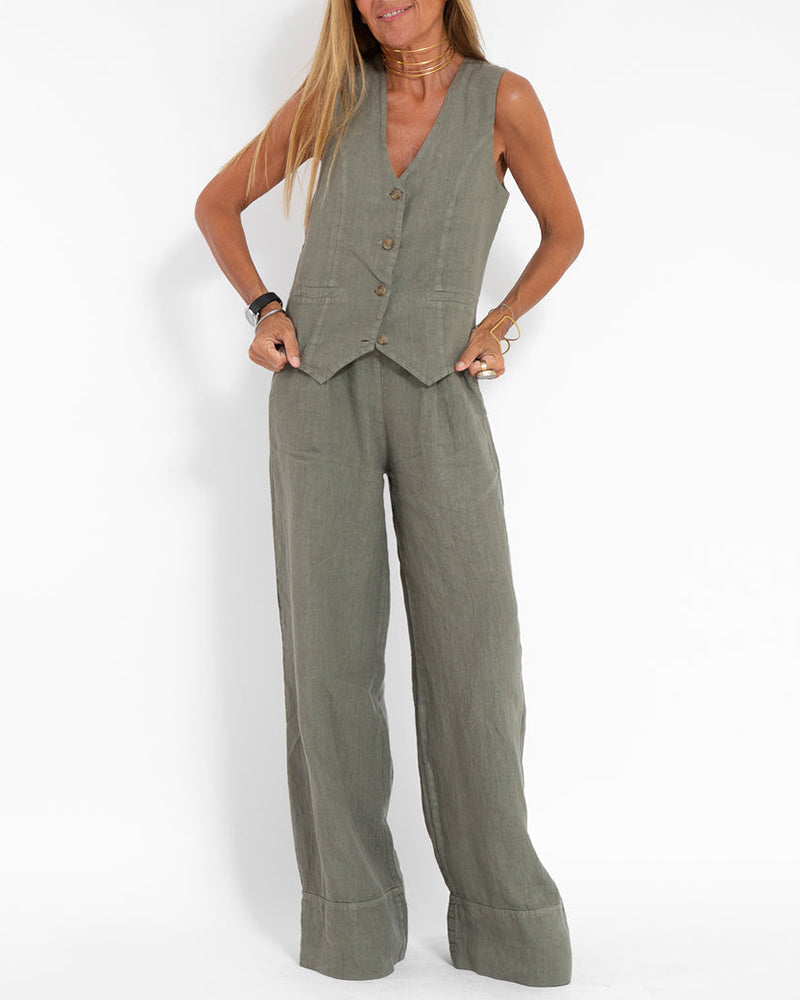 Alexandria - Women's Elegant 2-Piece Linen Set with Wide-Leg Trousers and Cardigan