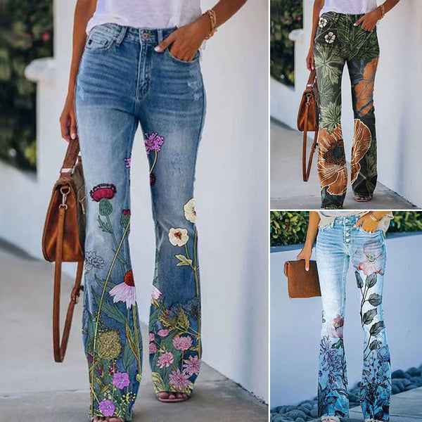Dania - Trendy Flared Jeans with Four Button Front and Floral Design