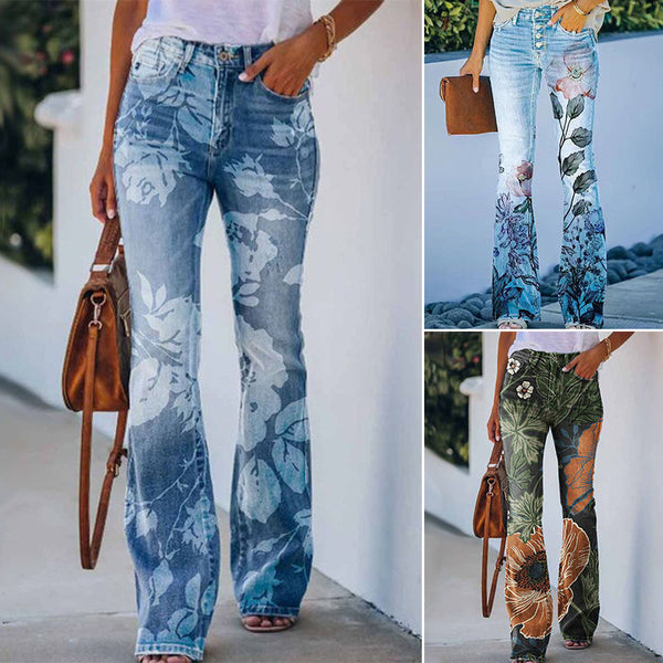 Dania - Trendy Flared Jeans with Four Button Front and Floral Design