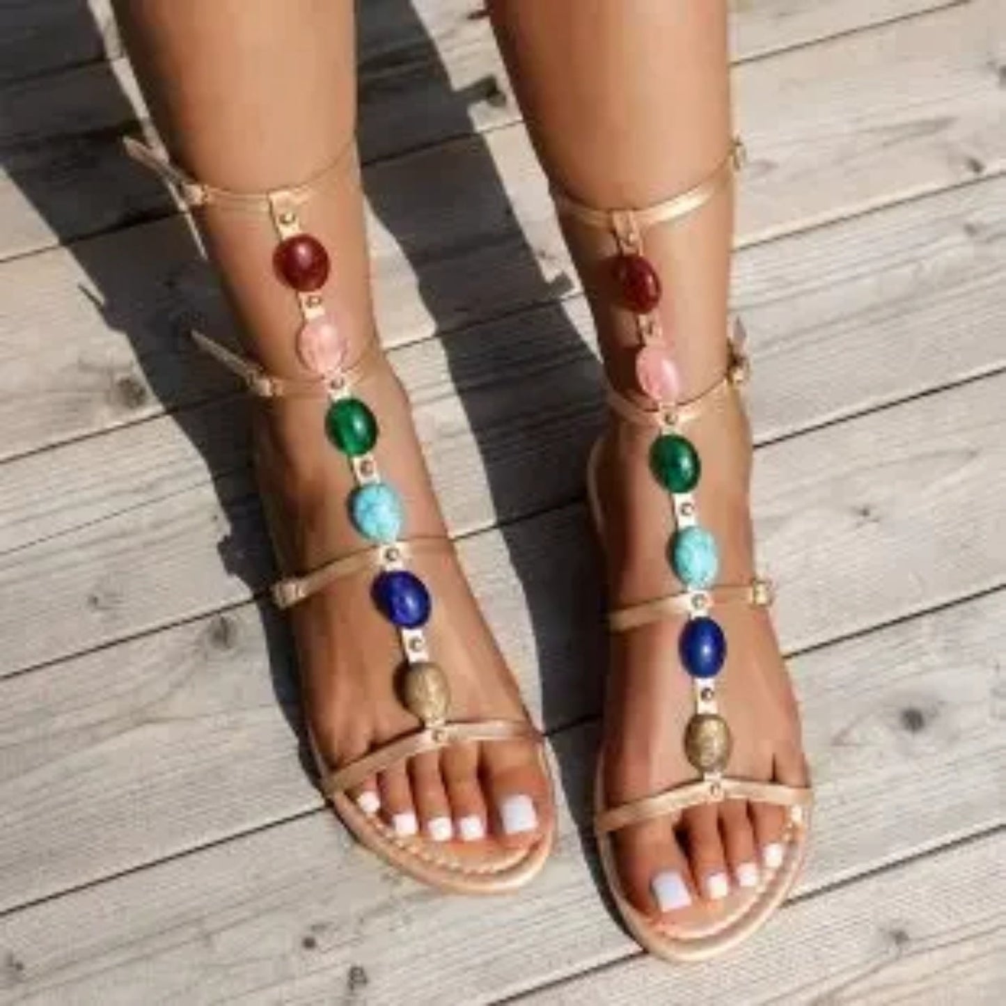 Polly - Stylish Women's Retro Leather Sandals with Colorful Bead Accents