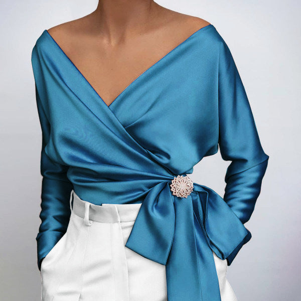 Cosette - Elegant V-neck Satin Blouse with Stylish Bow Detail