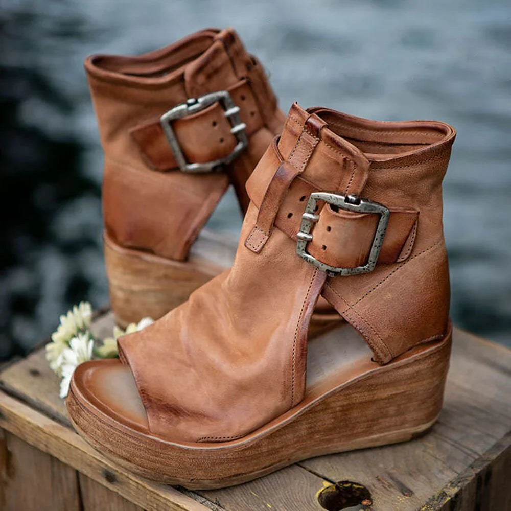 Audrey - Vintage Leather Wedge Sandals with Oversized Buckle Detail