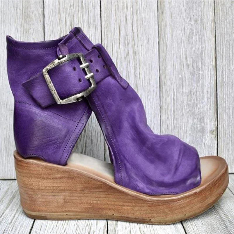 Audrey - Vintage Leather Wedge Sandals with Oversized Buckle Detail