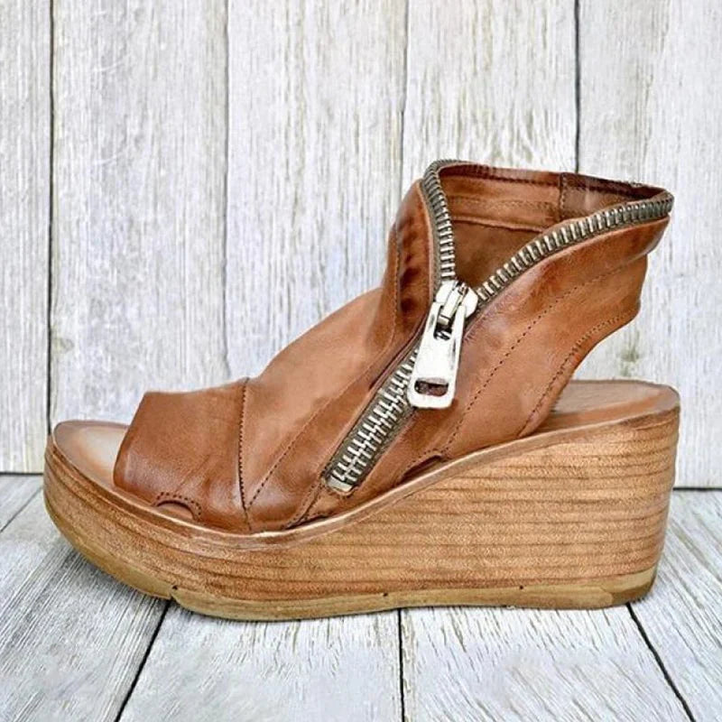 Audrey - Vintage Leather Wedge Sandals with Oversized Buckle Detail