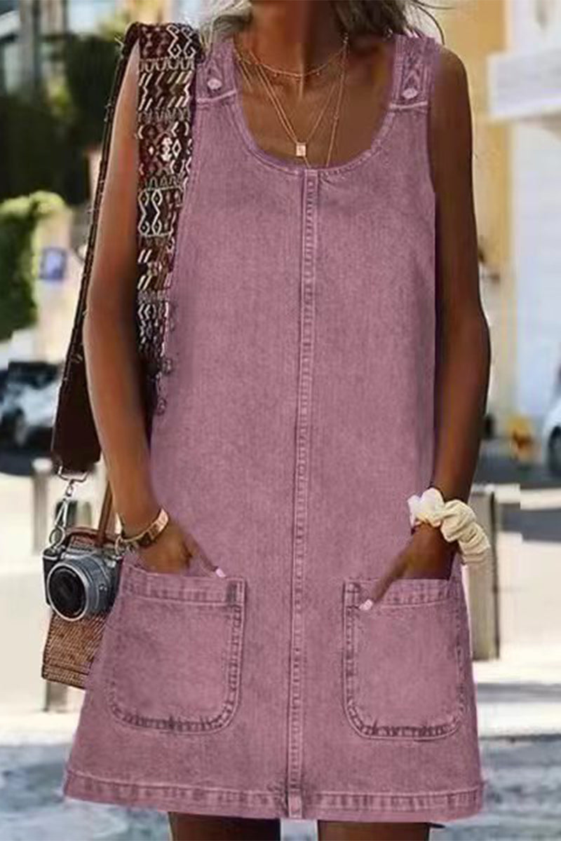 Maci - Denim Pocket Dress With U Neck Style And Comfort
