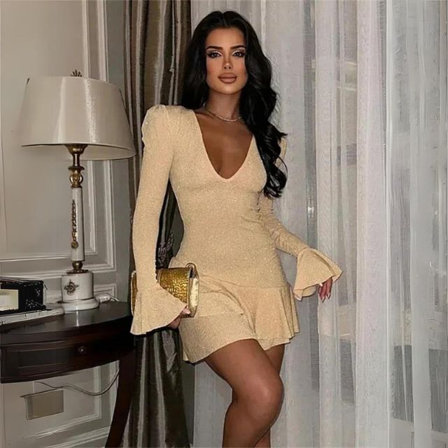 Carrigan - Stunning Glitter Mini Dress with Trumpet Sleeves