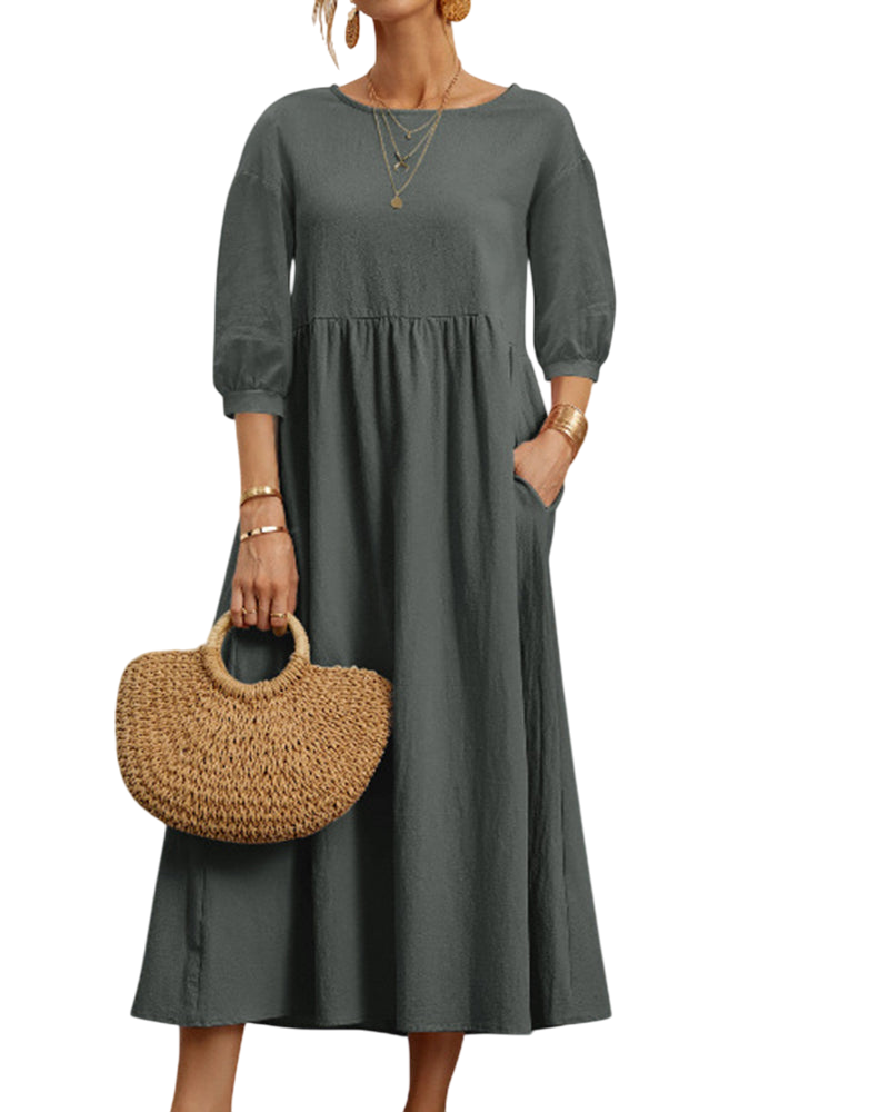 Zafira - Premium Women's Midi Dress with Lantern Sleeves and Round Neck