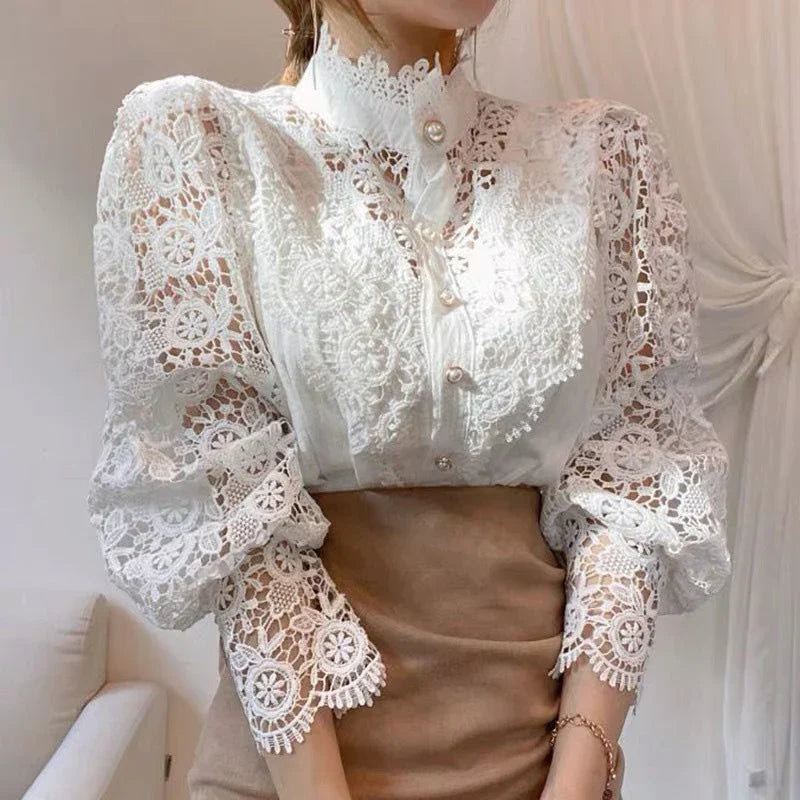 Marcie - Stylish Hollow Floral High Neck Blouse for Modern Women