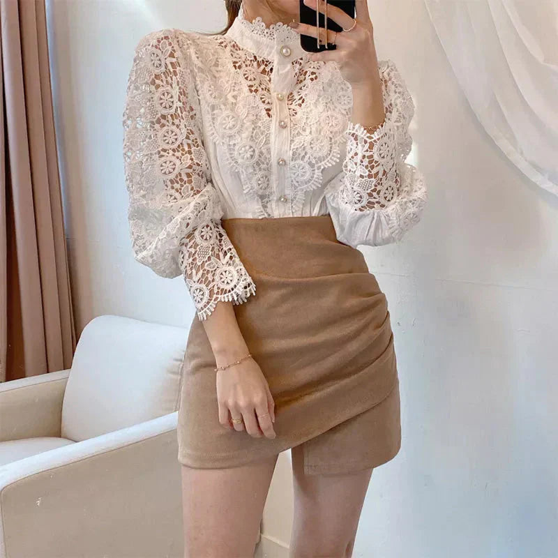Marcie - Stylish Hollow Floral High Neck Blouse for Modern Women