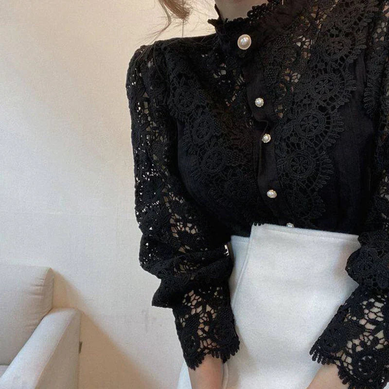 Marcie - Stylish Hollow Floral High Neck Blouse for Modern Women