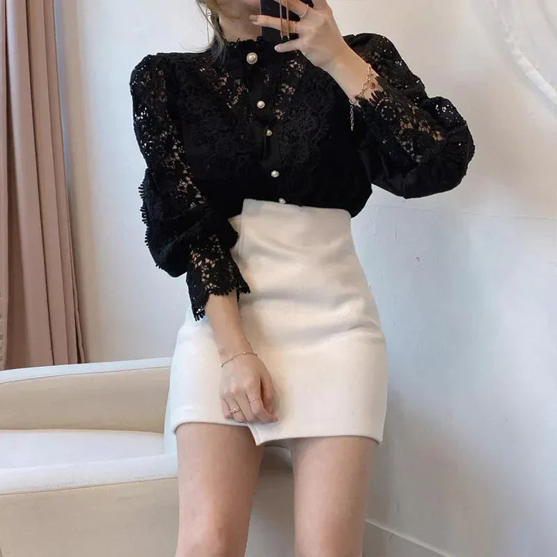 Marcie - Stylish Hollow Floral High Neck Blouse for Modern Women